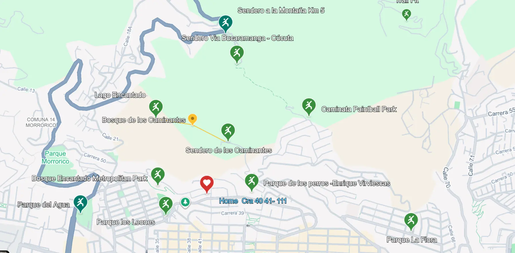 Mapa con varias rutas para caminar, parques y senderos cercanos a Casa 41-111 en Altos de Cabecera